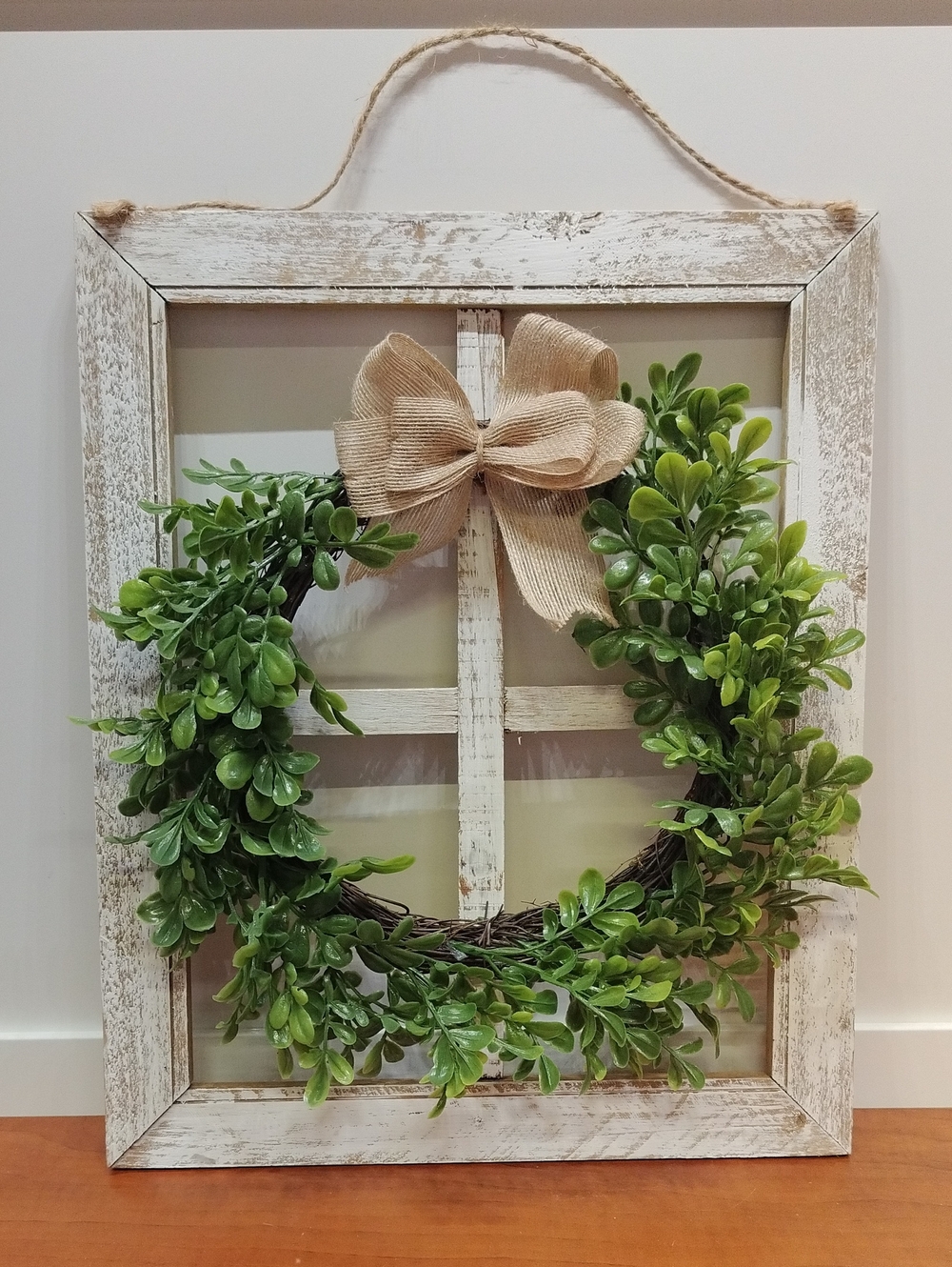Rustic White Washed Faux Window Frame Boxwood Wreath with Burlap Bow Wall Decor